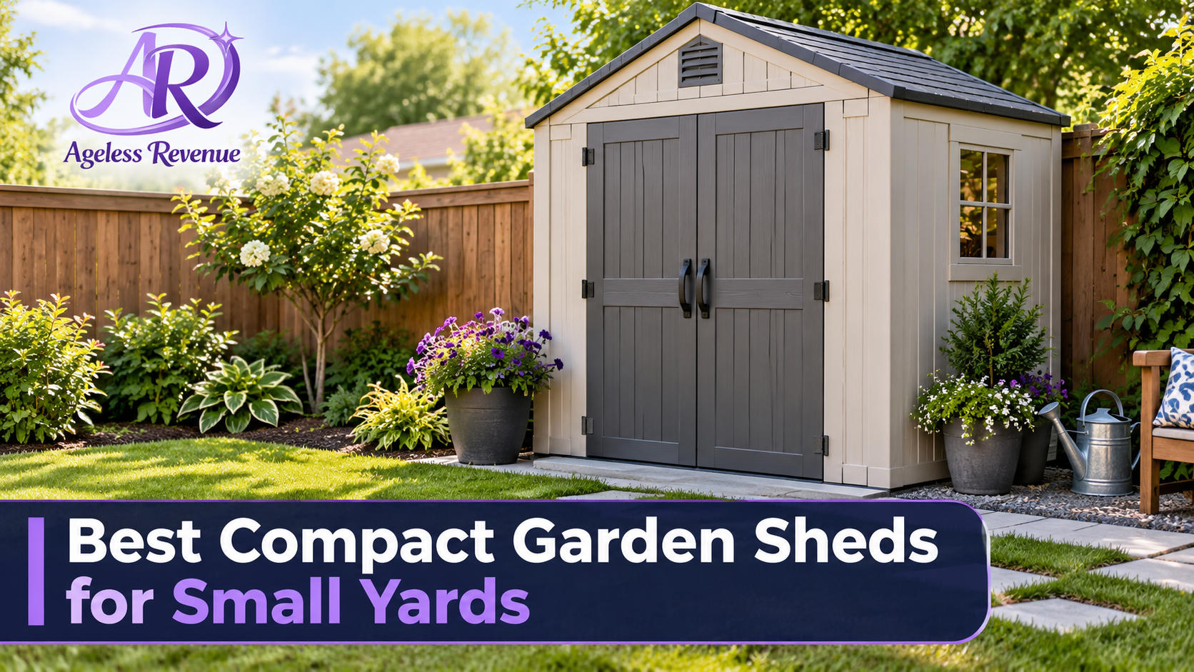 Compact garden shed tucked into the corner of a small backyard, neatly organized inside, compact garden sheds for small yards