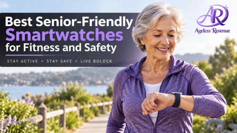 Senior adult confidently checking a smartwatch during a walk outdoors, best smartwatches for seniors
