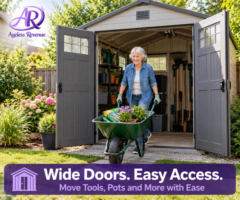 Wide double door on a garden shed allowing easy wheelbarrow access